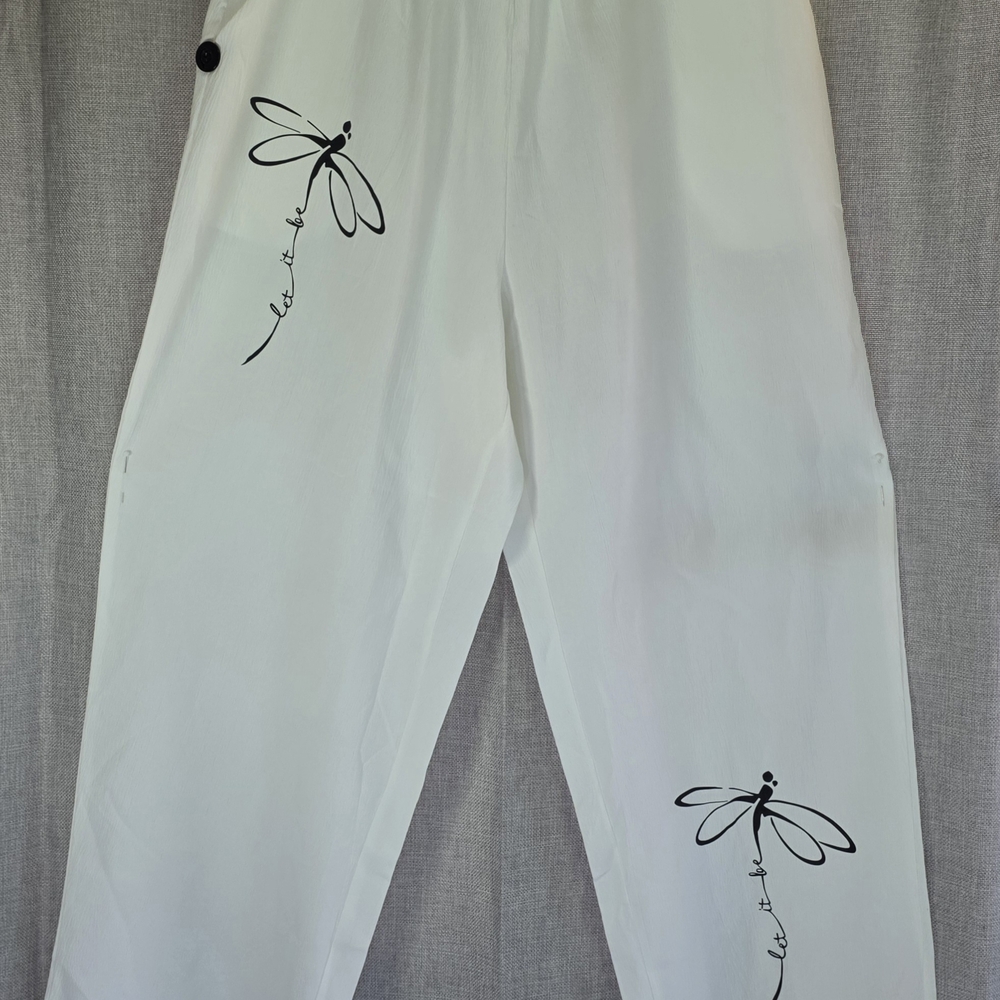 White Dragonfly Graphic Wide‎ Leg Casual Pants Slant Pockets Size Large